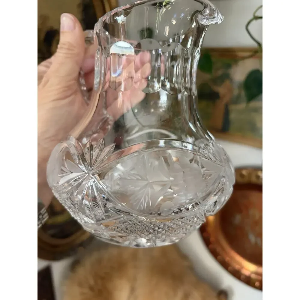 Vintage Crystal Pitcher Vase American Brilliant Cut Glass Squat Pitcher EAPC